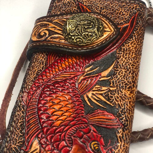Vintage Leather Biker Chain Wallet, Koi Fish Design