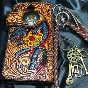 Vintage,Biker Wallet, cartera de cadena de cuero, Biker Wallet Tailandia, Chain Wallet, cartera de motorista de cuero Trucker cartera de cadena biker cartera larga