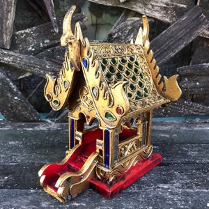 Spirit house Thai Golden altar shrine teak wood temple handmade craft statue wood carving figure home decor figurine fairy house miniature