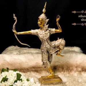 Brass Hindu Statue of Lord Rama Thai Handmade Artifact Hinduism Mythology Sculpture Soldier Bowman Figurine Vintage Art from North Thailand
