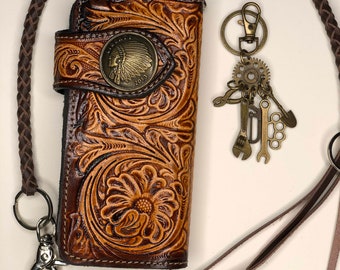 Cartera larga de cuero repujado para motociclista con cadena, estilo camionero.