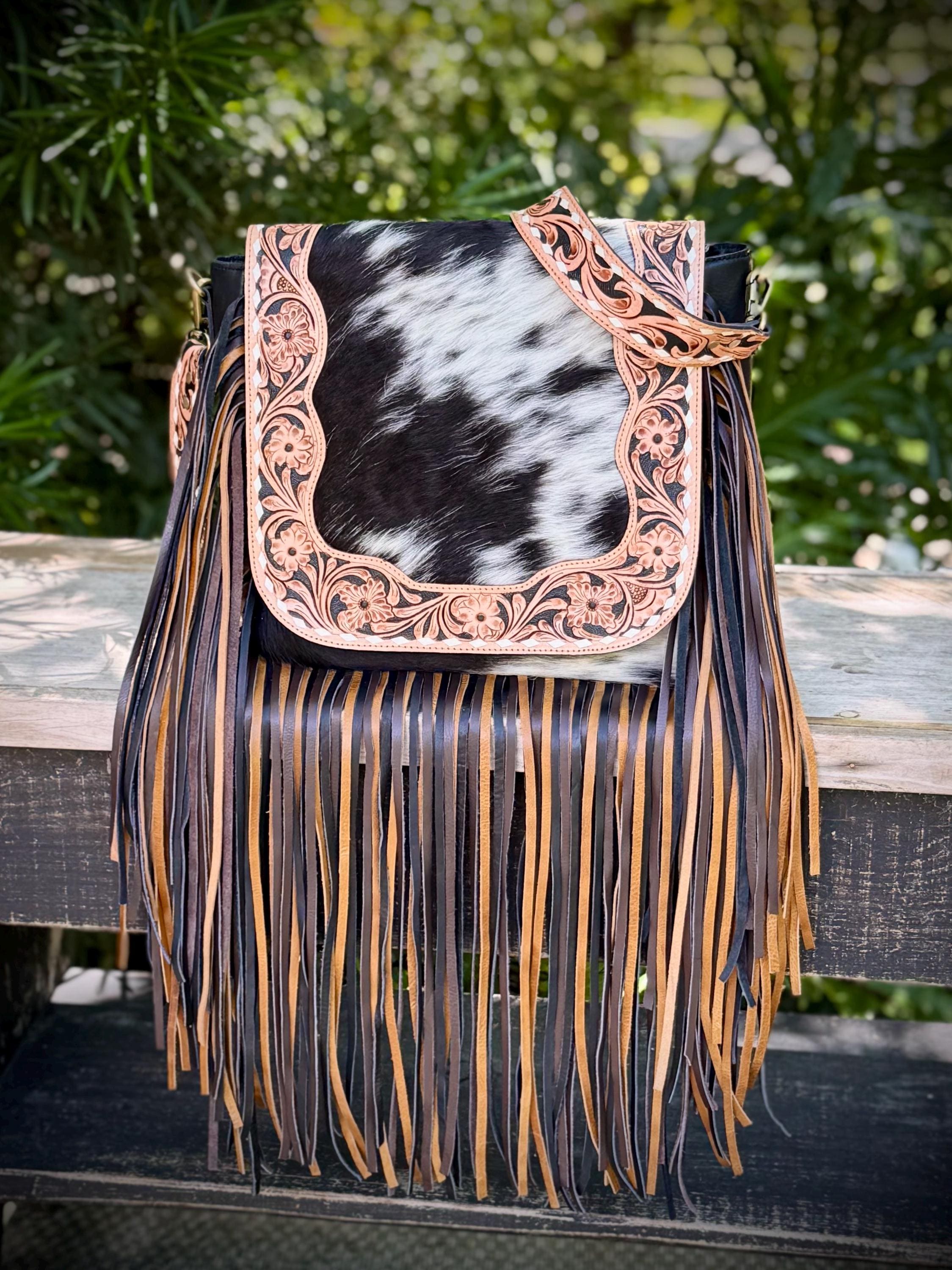 Ohlay Black Leather Tooled Sling Backpack Tooled Western‎ Style Adjustable Strap She main image 4