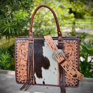 Bolso bandolera de piel de vaca repujada a mano, estilo western rodeo, para portátil