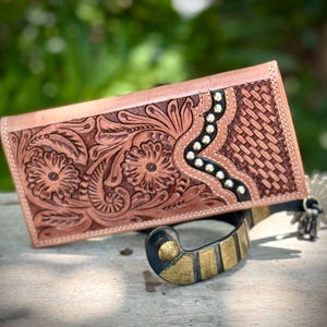 Cartera plegable Western de cuero repujado, larga, para hombre y mujer, organizador de tarjetas