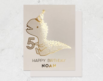 Personalized Any Age Cute Dinosaur Birthday Card, Animal Card for Kids Toddler Baby Girl Boy, Gold Foil Rose Gold Gift - PRINTED FOILED CARD