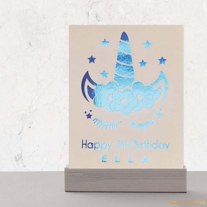 Personalized Unicorn Magical Birthday Card, Cute Girly Toddler Kids Birthday Card, Gold Rose Gold Foil Gift PRINTED FOILED CARD Sky Blue