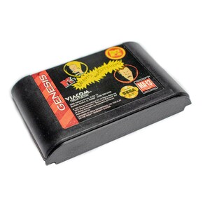 May include: A black Sega Genesis game cartridge for the video game "Beavis and Butt-Head" with a yellow, red, and black label. The label features the characters Beavis and Butt-Head, the game title, and the rating "MA-13".