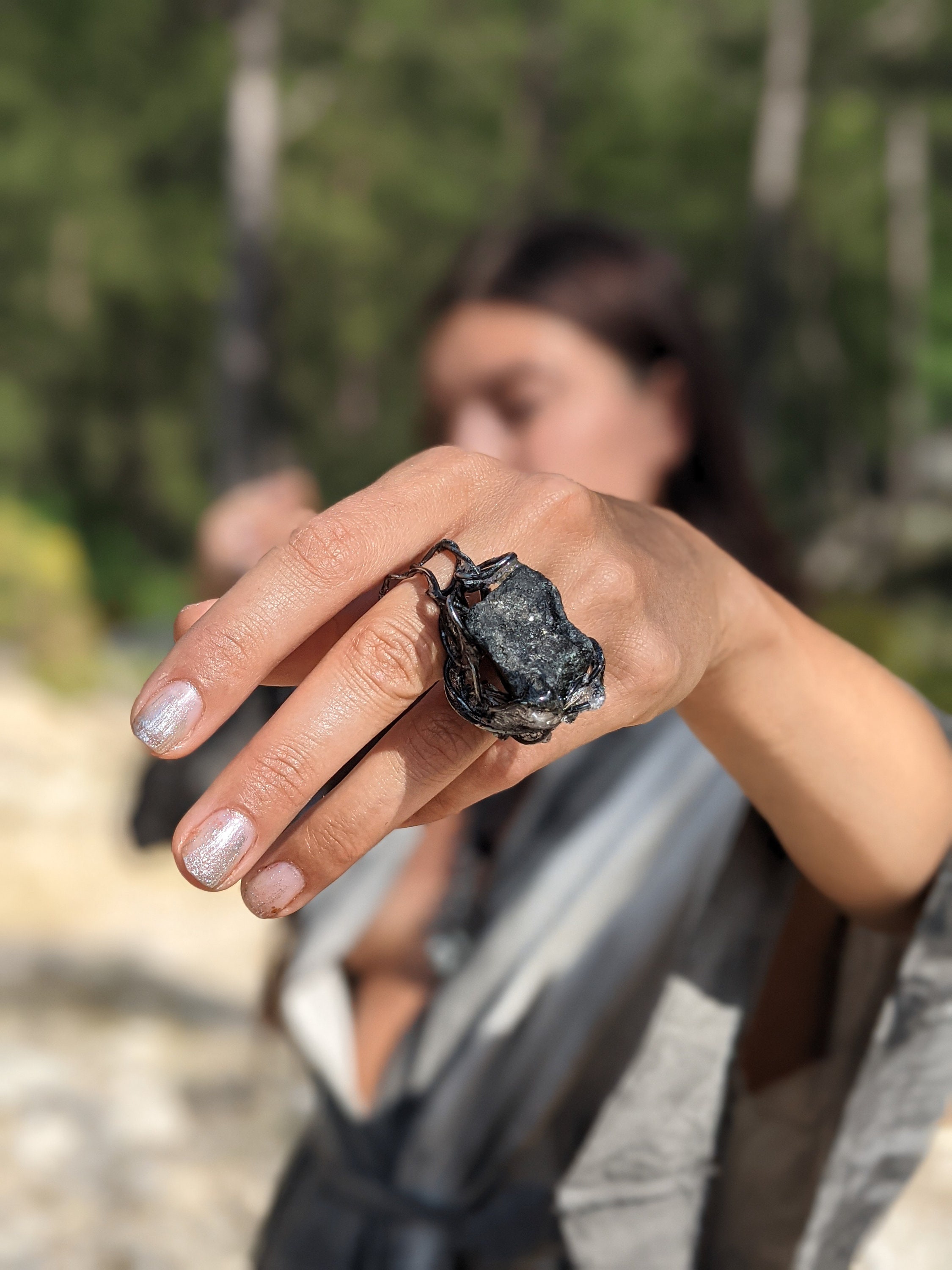 Raw Natural Black Stone Ring 