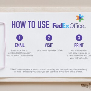 May include: A white sheet of paper with instructions on how to use FedEx Office. The instructions are numbered 1, 2, and 3. The instructions are to email your files to printandgo@fedex.com, visit a nearby FedEx Office, and print your files at a FedEx Office.