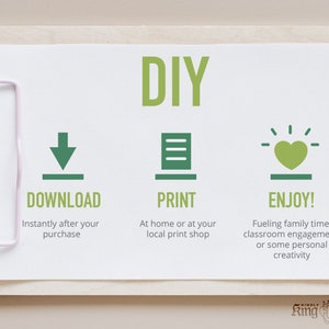 May include: A clipboard with the word "DIY" in green text.  The clipboard has three steps: download, print, and enjoy.  Each step has a green icon and a description.