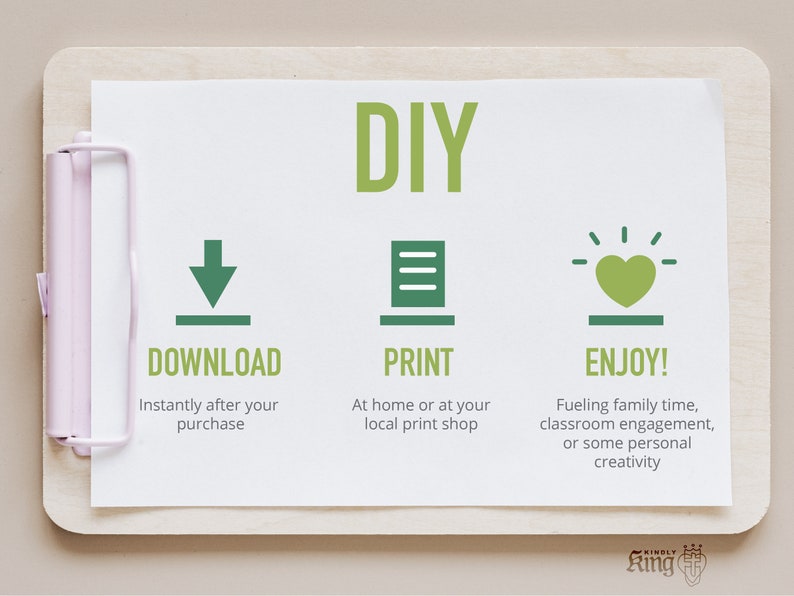 May include: A clipboard with the word "DIY" in green text.  The clipboard has three steps: download, print, and enjoy.  Each step has a green icon and a description.