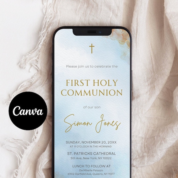Digital Blue Watercolor First Communion Invitation, Electronic Boy First Holy Communion Invite, Editable Invitation Template, Text Message