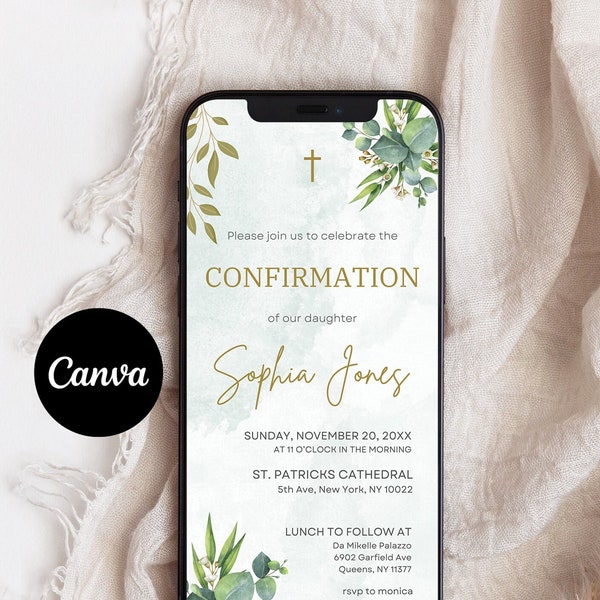 Digital Confirmation Invitation Template, Electronic Greenery Confirmation Invite, Boy, Girl Editable Confirmation Text Message Phone Evite