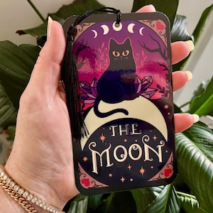 The Moon Tarot Card Bookmarks, Witchy Bookmarks, Laminated Bookmarks, Gothic Bookmark, Booktok, Bookish Gifts, Black Cat Bookmark, Cat lover