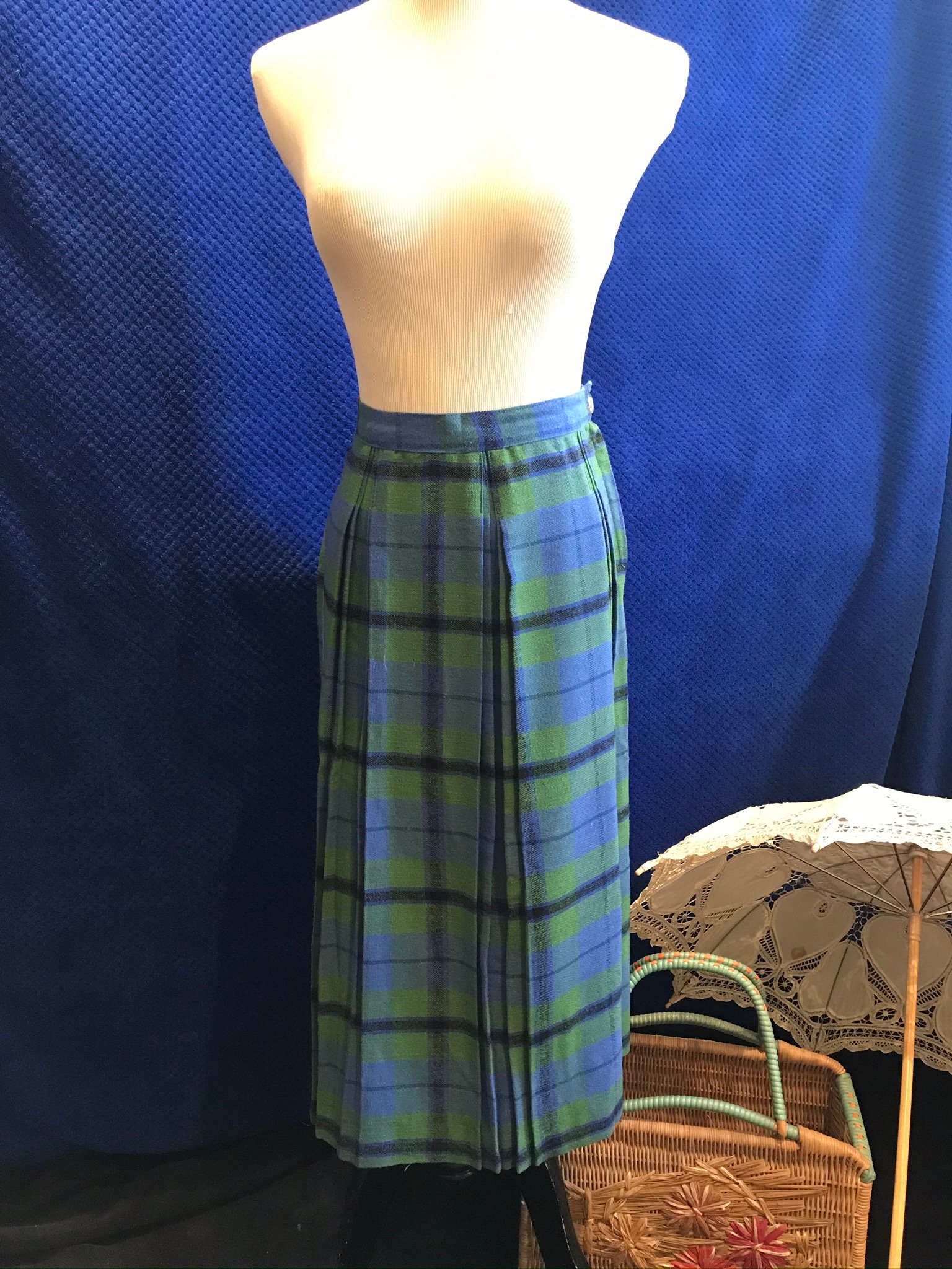 Image of Vintage Wool Skirt S Preppy Blue & Green Pleated