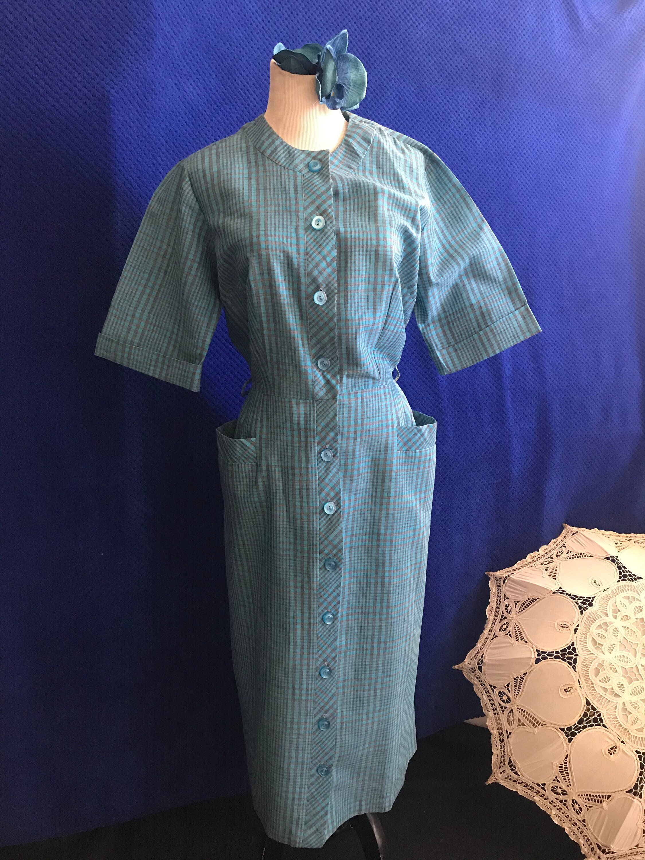 Image of Vintage S Cotton Turquoise Pencil Dress With Pockets