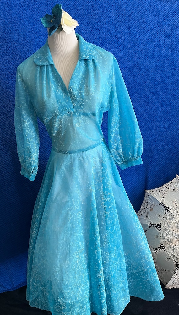 1950s sheer nylon dress turquoise blue , Peggy Pag