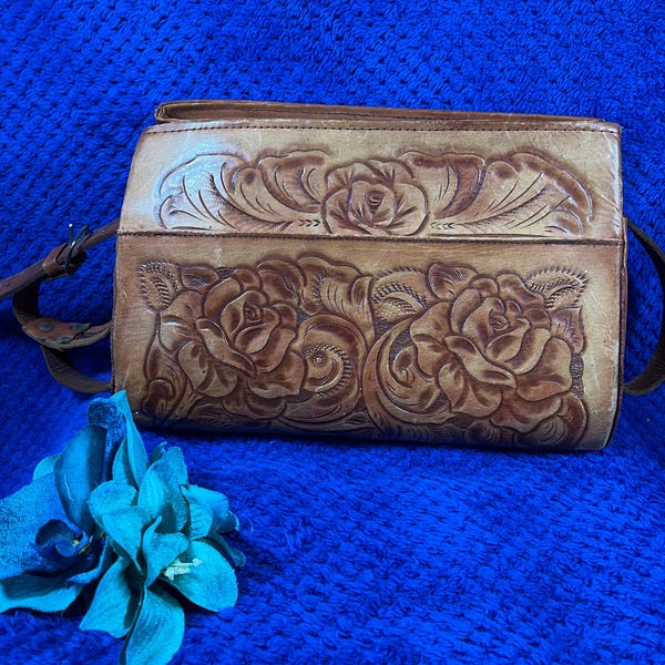 Vintage Tooled Leather shoulder bag Mexico roses
