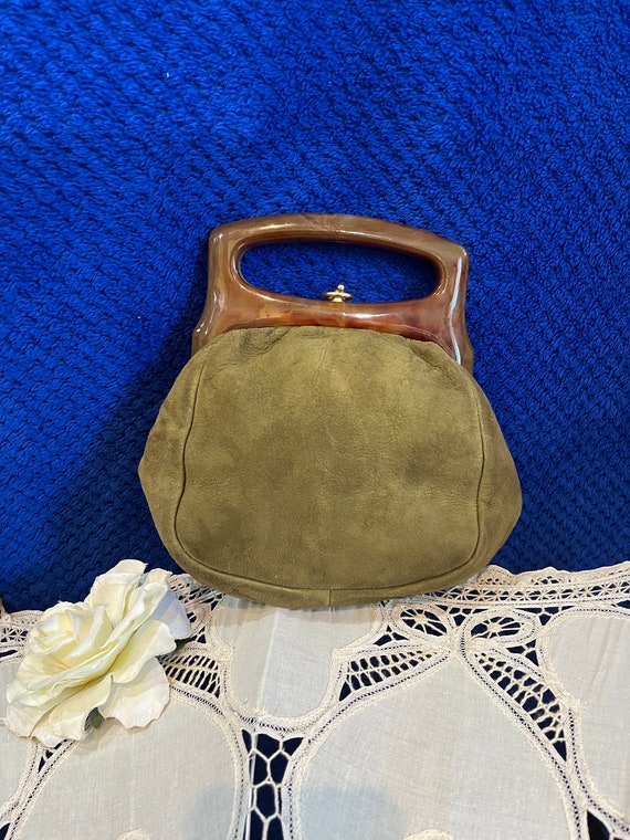 1950s olive green suede handbag with lucite plasti