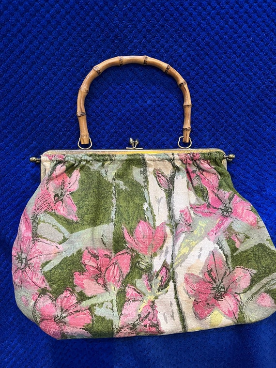 1940s 1950s bamboo handle handbag green and pink … - image 5