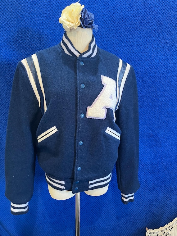 Vintage Varsity Jacket USA Butwin Blue and Faux Leather White Uk 