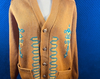 Vintage Mustard and turquoise cardigan mens 50s 60s