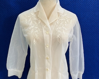 1940s 1950s nylon white fitted blouse vintage original uk 10 12 +