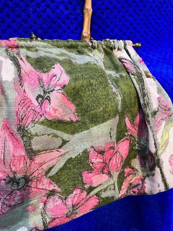 1940s 1950s bamboo handle handbag green and pink … - image 2