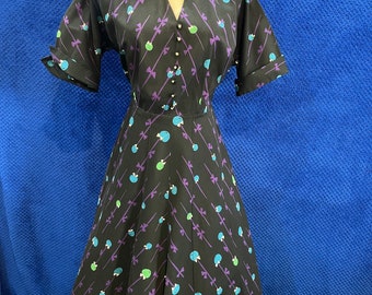 1950s original vintage cotton dress Black purple green and blue fabric full skirt uk 12 14