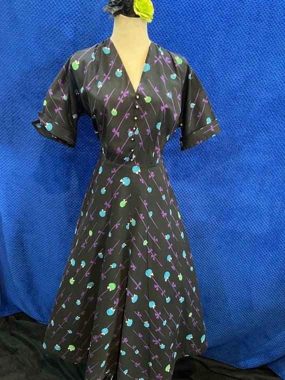 1950s original vintage cotton dress Black purple … - image 1