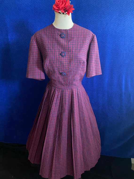 1950s red and blue checkered dress in light weight