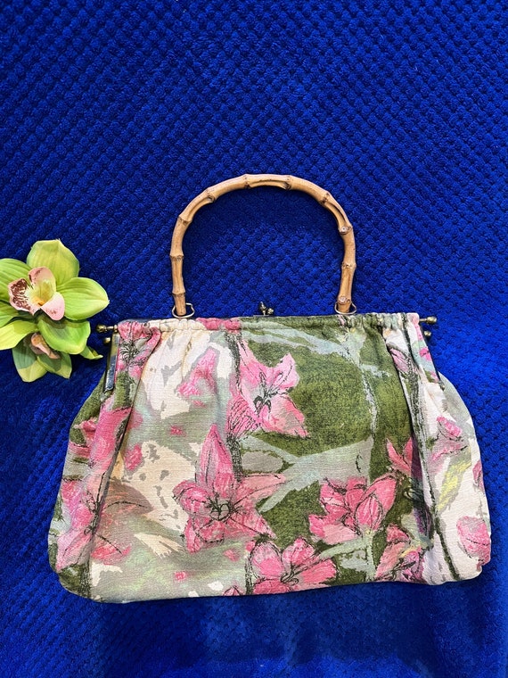 1940s 1950s bamboo handle handbag green and pink … - image 1