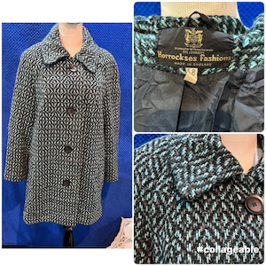 May include: A vintage Horrockses Fashions coat with a diamond pattern in black, white, and teal. The coat features a collared neckline, three buttons, and a label stating "Made in England". The coat is size 18.