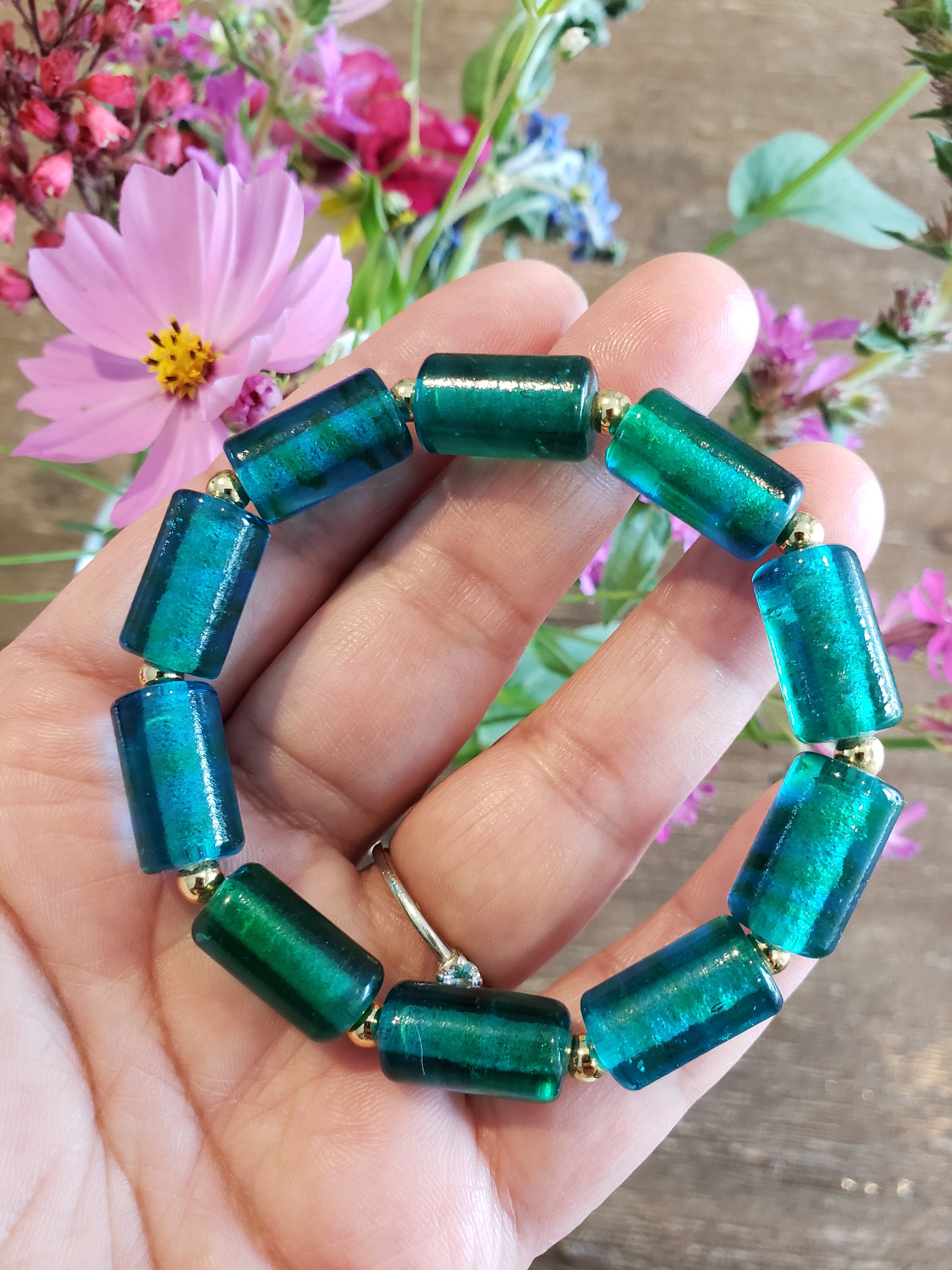 Beautiful Peacock Green Glass Beads Braceletvintage Glass Etsy UK