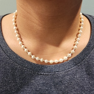 Men pearl necklace, freshwater cultured pearl and silver bead necklace, 46cm/18.11″, pearl size 5-6mm, silver bead size 2mm, boyfriend gift