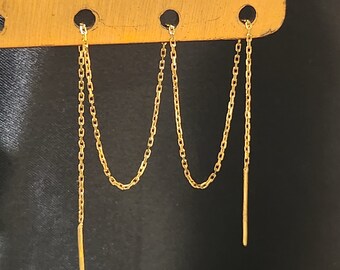 14k solid yellow gold long threader earrings, long chain threader earrings, 18cm (including 2 bars of 12mm each)