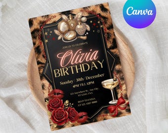Invitación de cumpleaños con estampado de guepardo, invitación imprimible para fiesta de coqueta con lazo negro, diseño editable en Canva, descarga instantánea en PDF.