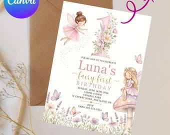 Invitación editable de primer cumpleaños con temática de hadas, invitación imprimible para fiesta de primer cumpleaños con flores en tonos pastel suaves, invitación rosa a la moda para niñas - (Archivo digital)