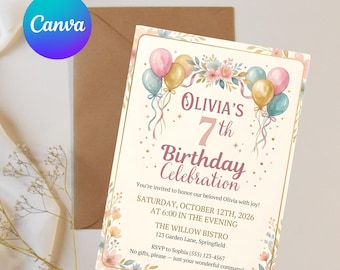 Invitación de cumpleaños floral en acuarela editable, plantilla de invitación para niña con globos en tonos pastel, archivo digital de Canva para el séptimo cumpleaños, invitación floral elegante