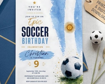 Argentina Soccer Birthday Invite | Personalized Football Party Invitation | Sports Theme Kids Birthday Template |Digital Editable Invite
