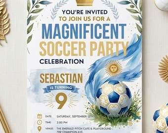 Invitación de cumpleaños de fútbol de Argentina / Invitación personalizada para fiesta de fútbol / Plantilla de cumpleaños infantil con temática deportiva / Invitación digital editable