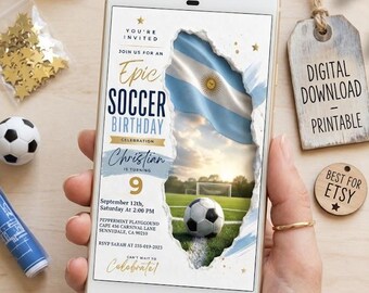 Argentina Soccer Birthday Invite | Personalized Football Party Invitation | Sports Theme Kids Birthday Template |Digital Editable Invite