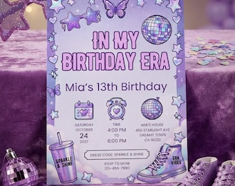 13th Birthday Invitation Digital Download Editable Canva Template Tween Party Invite Purple Sparkle Shine Era Vibes