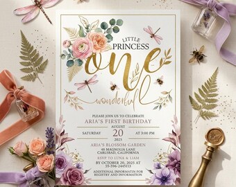 Little Princess First Birthday Invitation Digital Download Canva Template Floral One Year Girl