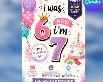 Invitación de cumpleaños con meme "Seis siete", invitación de cumpleaños para niño de 7 años, invitación de cumpleaños "Tenía 6 años, ahora tengo 7", descarga instantánea / plantilla editable de Canva