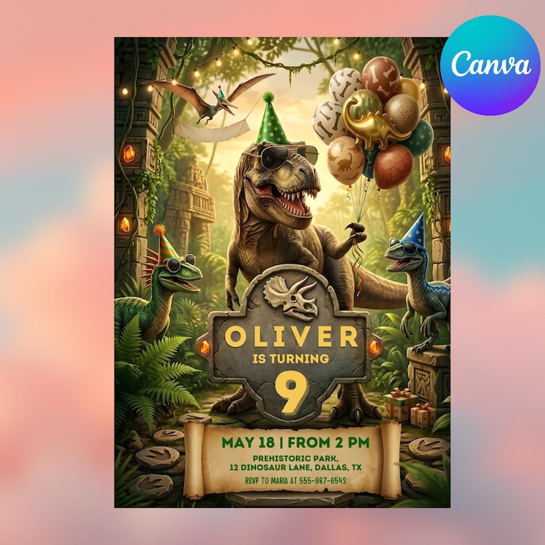 May include: A birthday invitation featuring a T-Rex wearing a green party hat and sunglasses, holding a bunch of balloons. Text reads: Oliver is turning 9, May 18 from 2 PM, Prehistoric Park, 12 Dinosaur Lane, Dallas, TX, RSVP to Maria at 555-987-6543.