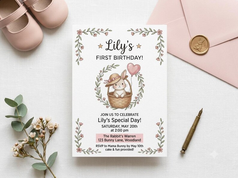 Sitting Rabbit Template Bunny First Birthday Invitation, Rabbit Birthday Invite, Bunny First ...