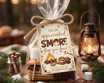 Plantilla editable de etiqueta de regalo para s'mores, etiqueta imprimible de agradecimiento para s'mores, etiqueta de agradecimiento para maestros y empleados, descarga digital.