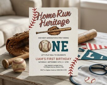 Baseball First Birthday Invitation Template / Editable Canva Digital Download / Printable Sports Party Invite/kids baseball invite