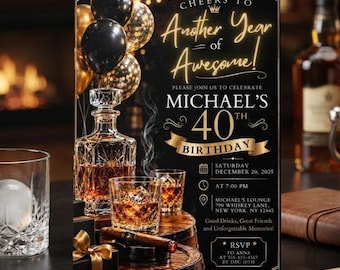 Editable Aged To Perfection Birthday Invitation, Whiskey Bourbon Party Invite, Men's Milestone 30th 40th 50th, Neon Gold Digital Canva